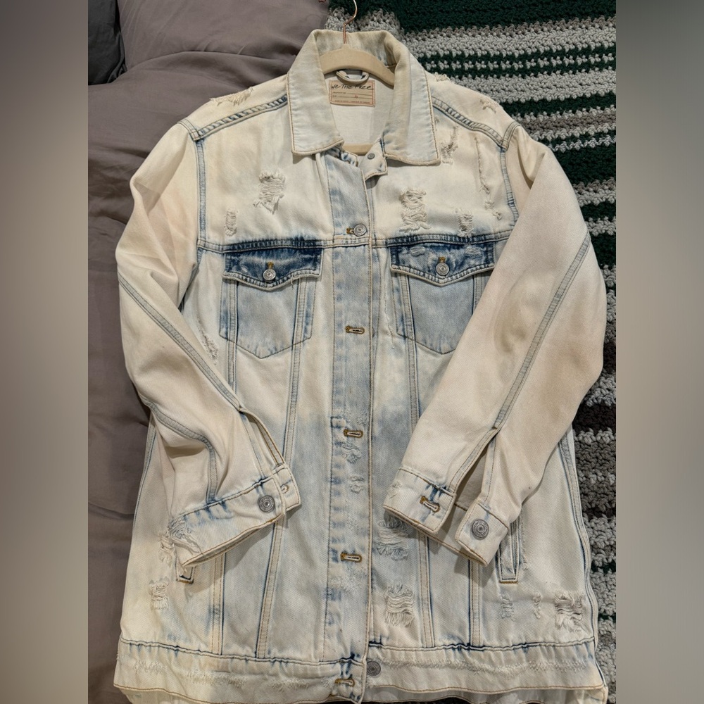 Free People Destroyed Long and Lean Trucker Jacket - Cloud Wash